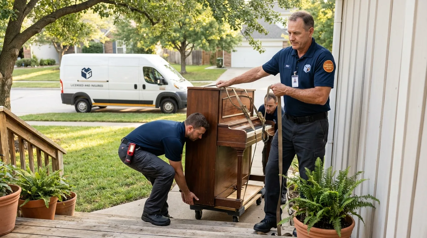 Licensed piano movers securing grand piano in Syracuse, KS