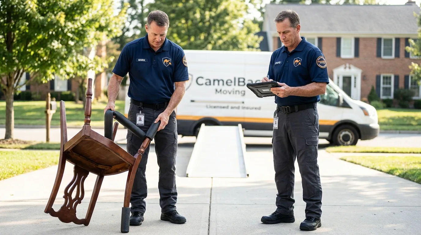 Movers inspecting furniture for damage prevention before loading in Syracuse, KS