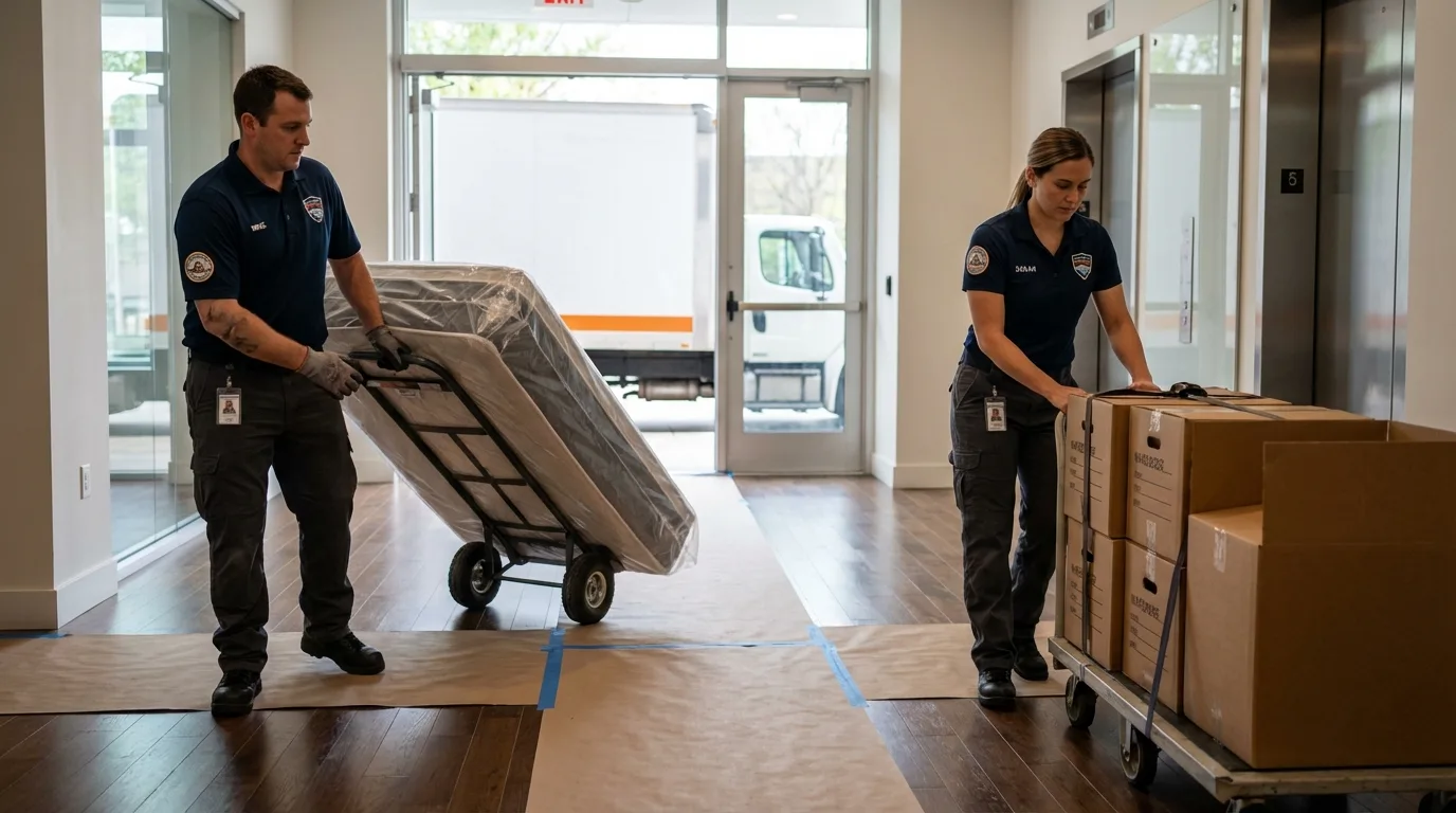 Professional apartment movers loading elevator in Syracuse, KS